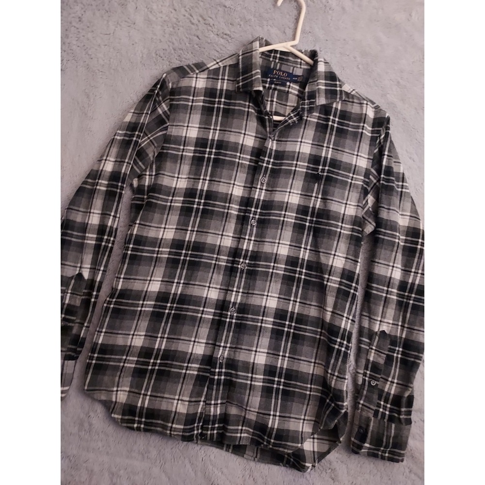 Polo Ralph Lauren Shirt Mens Medium Flannel Gray Plaid Slim Fit Preppy Outdoor M